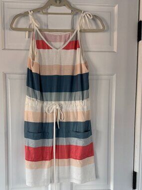 Striped Tie Shoulder Sundress Drawstring Waist Pockets Mini Dress Size M
